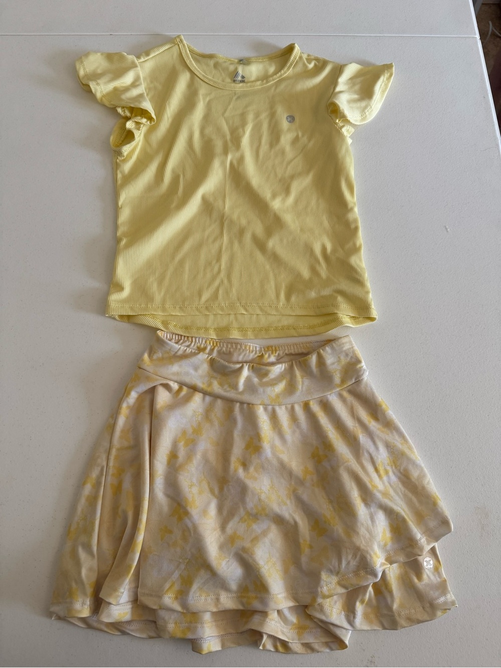 Girls Yellow Short Sleeve active wear top  and Skirt-Shorts Set
